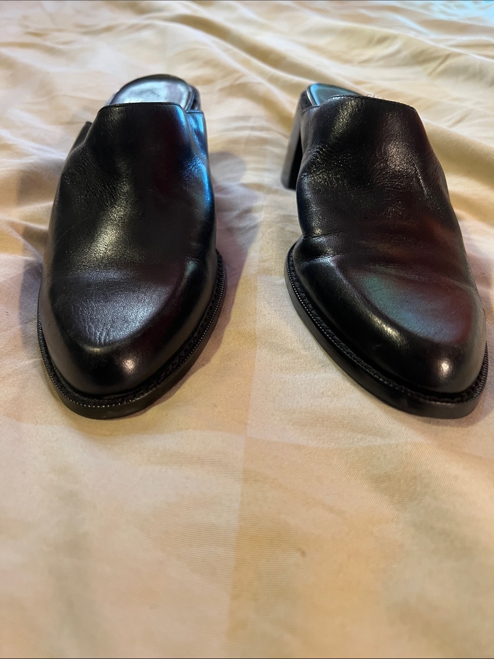 Women's Black Leather Slip-On Heeled Mules - Picture 2 of 6